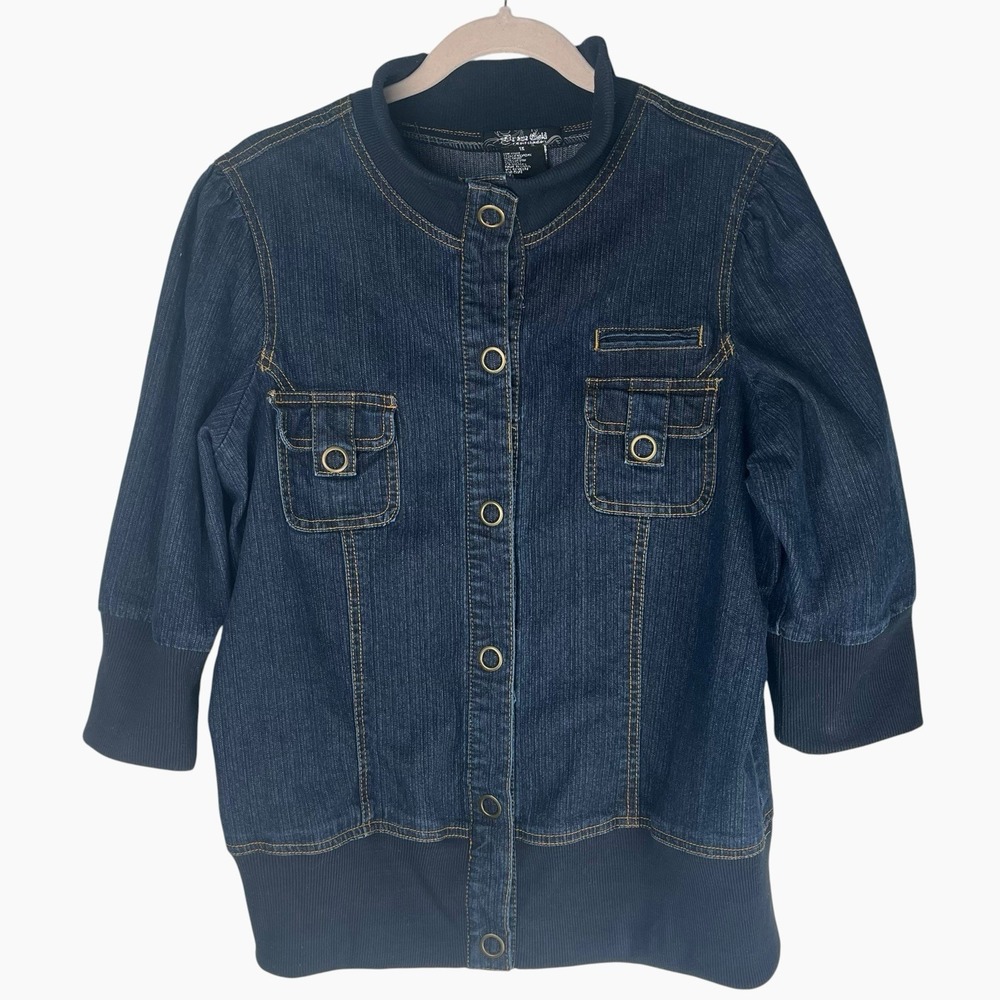 Drama Gold Dark Blue Denim Jean Jacket Plus Size 1X Short Sleeve Buttons